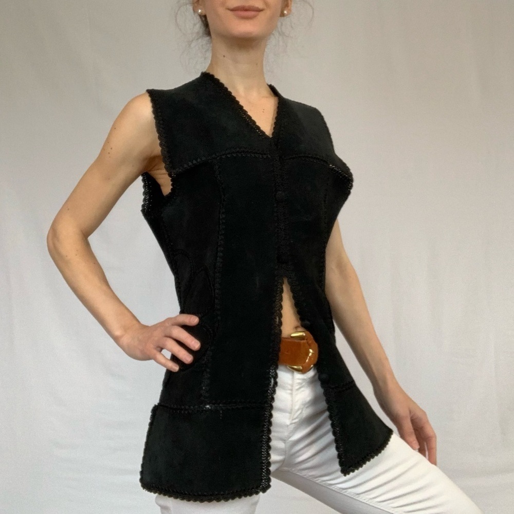 Vintage Suede vest black size 11 fits L hand-made leather 90s crocheted